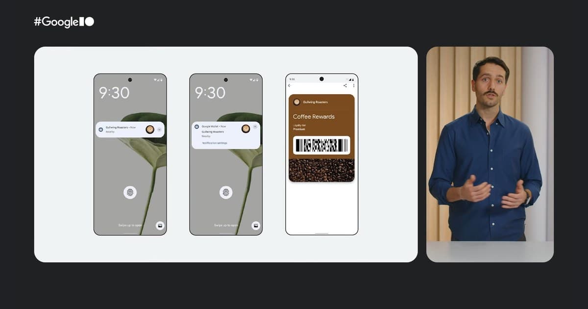 Google I/O demonstration of a Nearby Passes notification opening a coffee loyalty card in Google Wallet