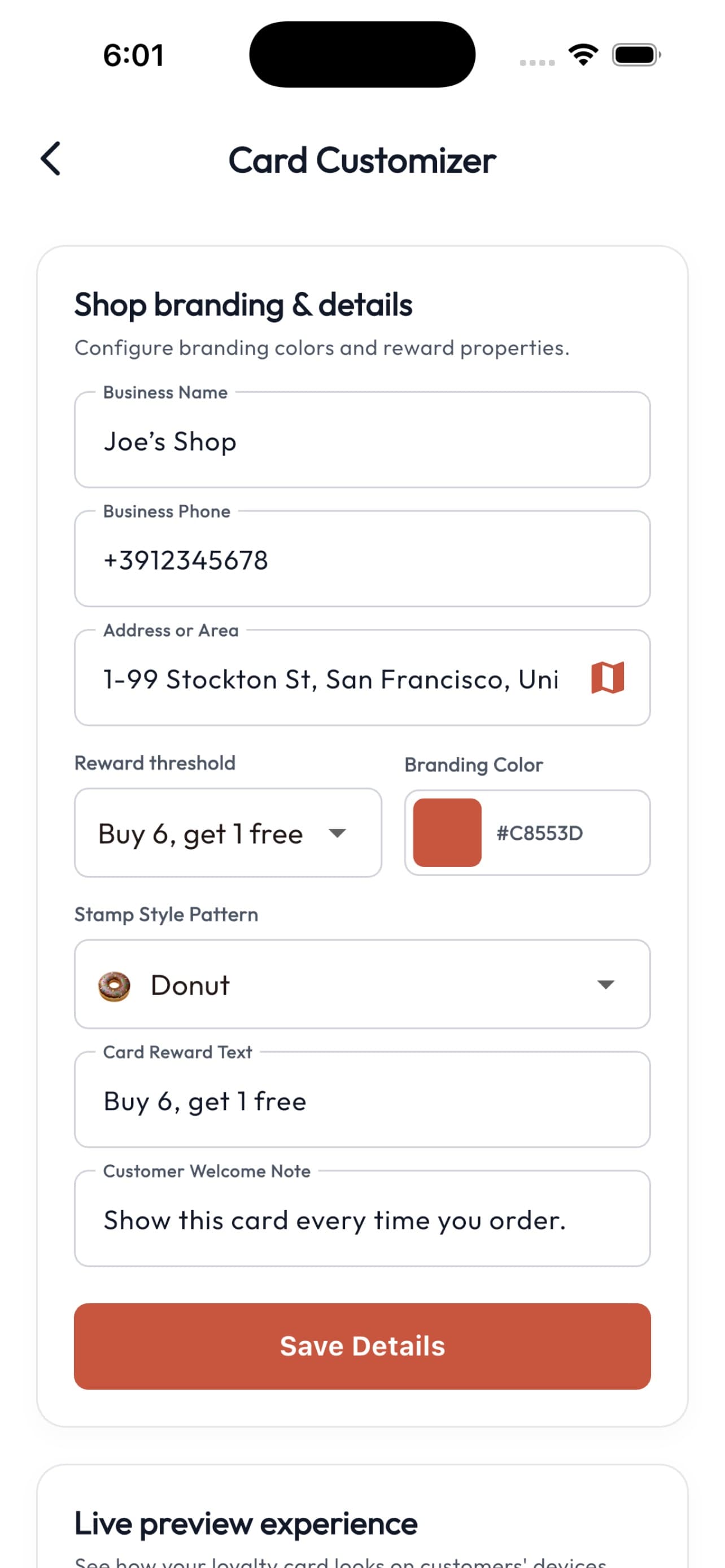 LoyalKit card customizer with business branding controls
