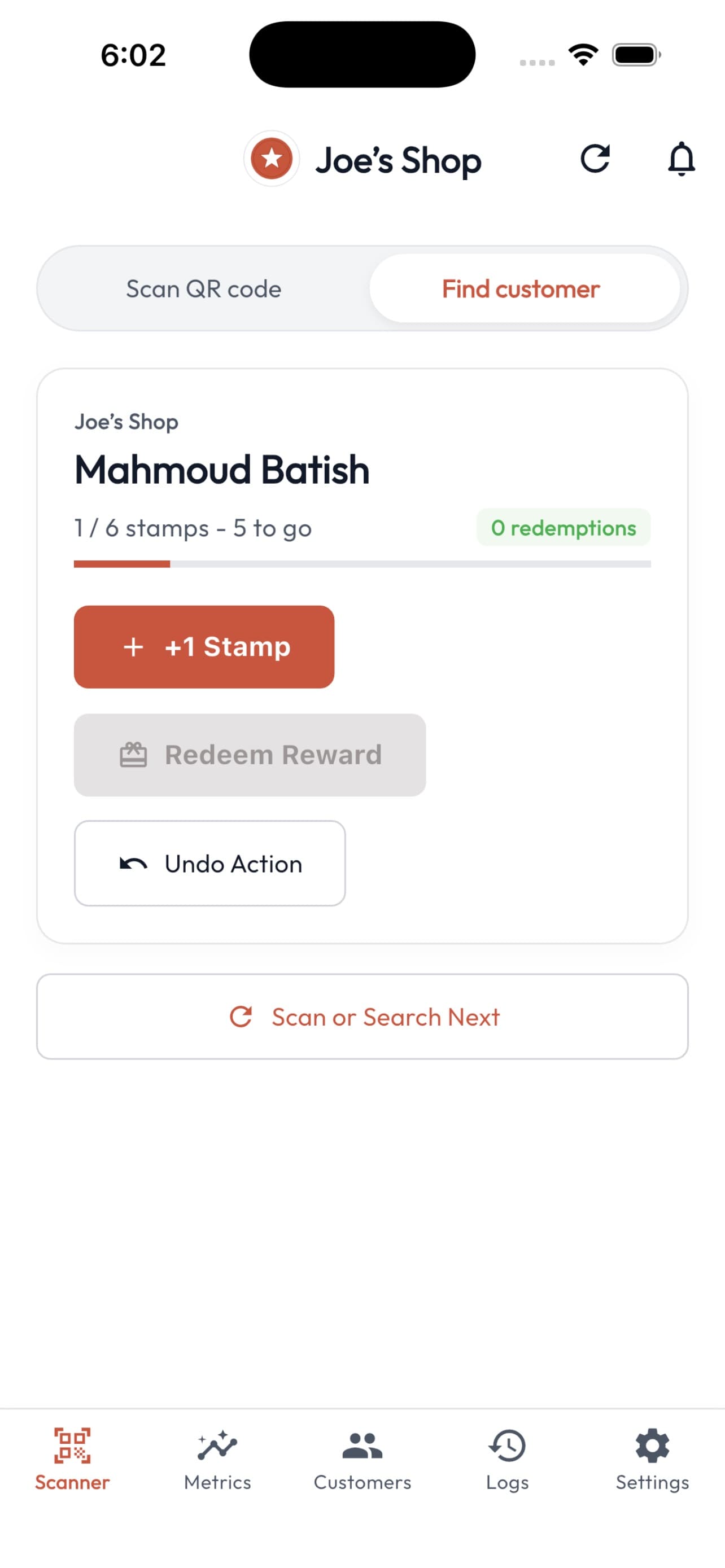 LoyalKit iPhone staff action screen after a loyalty customer is identified
